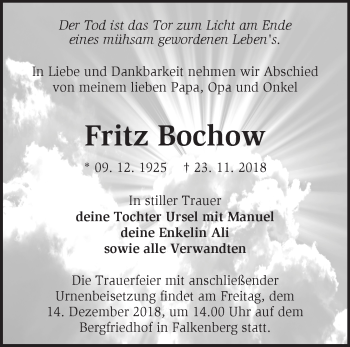 Traueranzeige von Fritz Bochow von Märkische Oderzeitung