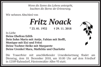 Traueranzeige von Fritz Noack von Märkische Oderzeitung