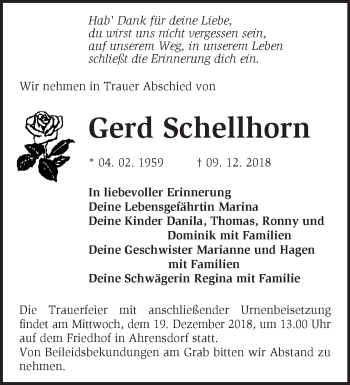 Traueranzeige von Gerd Schellhorn von Märkische Oderzeitung