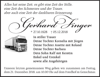 Traueranzeige von Gerhard Finger von Märkische Oderzeitung