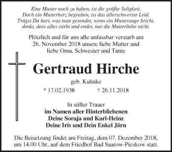 Traueranzeige von Gertraud Hirche von Märkische Oderzeitung