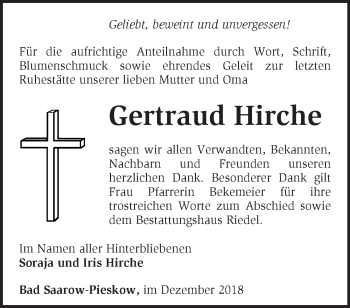 Traueranzeige von Gertraud Hirche von Märkische Oderzeitung