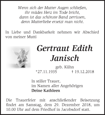 Traueranzeige von Gertraut Edith Janisch von Märkische Oderzeitung