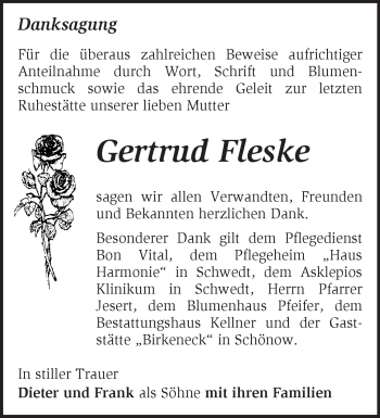 Traueranzeige von Gertrud Fleske von Märkische Oderzeitung