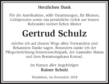 Traueranzeige von Gertrud Schulz von Märkische Oderzeitung