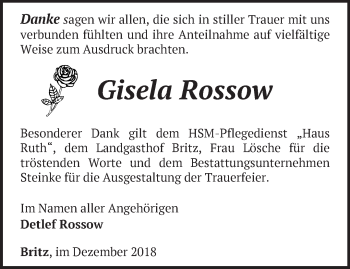 Traueranzeige von Gisela Rossow von Märkische Oderzeitung