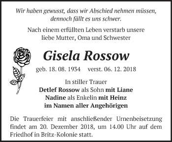 Traueranzeige von Gisela Rossow von Märkische Oderzeitung