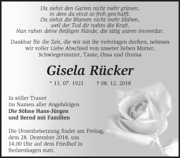 Traueranzeige von Gisela Rücker von Märkische Oderzeitung