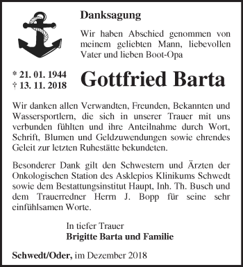 Traueranzeige von Gottfried Barta von Märkische Oderzeitung