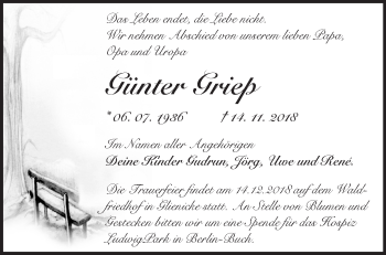 Traueranzeige von Günter Griep von Märkische Oderzeitung