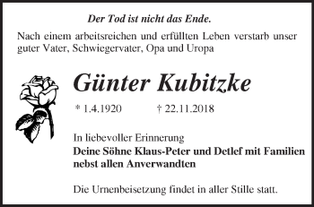 Traueranzeige von Günter Kubitzke von Märkische Oderzeitung