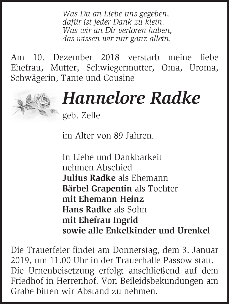  Traueranzeige für Hannelore Radke vom 16.12.2018 aus Märkische Oderzeitung