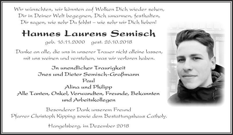  Traueranzeige für Hannes Laurens Semisch vom 23.12.2018 aus Märkische Oderzeitung