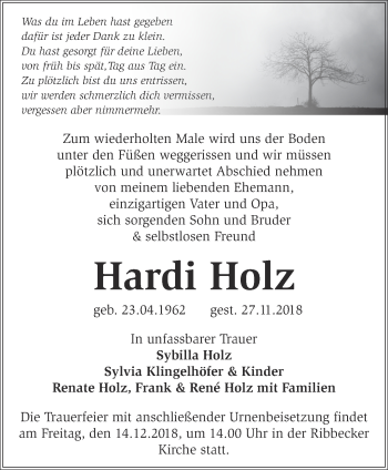 Traueranzeige von Hardi Holz von Märkische Oderzeitung