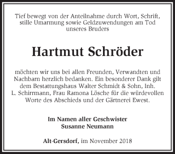 Traueranzeige von Hartmut Schröder von Märkische Oderzeitung