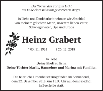 Traueranzeige von Heinz Grabert von Märkische Oderzeitung