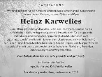 Traueranzeige von Heinz Karwelies von Märkische Oderzeitung