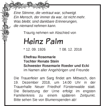 Traueranzeige von Heinz Palm von Märkische Oderzeitung