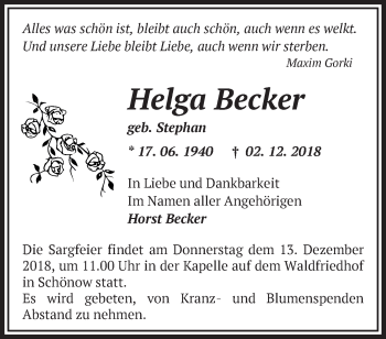 Traueranzeige von Helga Becker von Märkische Oderzeitung