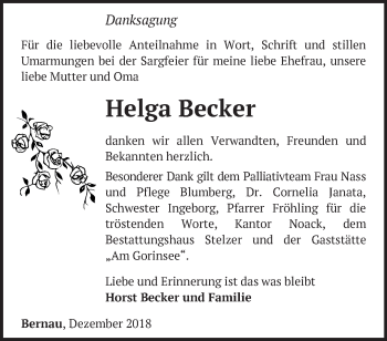 Traueranzeige von Helga Becker von Märkische Oderzeitung