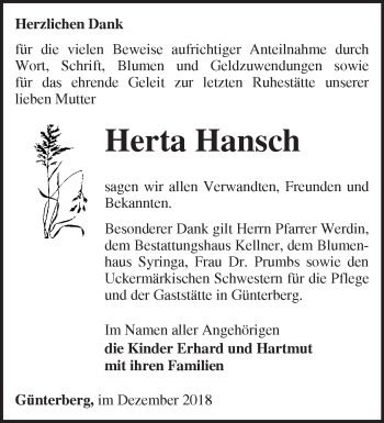 Traueranzeige von Herta Hansch von Märkische Oderzeitung