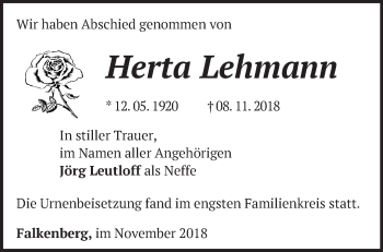 Traueranzeige von Herta Lehmann von Märkische Oderzeitung