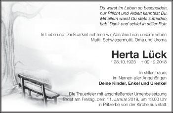 Traueranzeige von Herta Lück von Märkische Oderzeitung