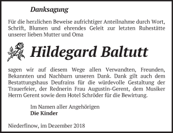 Traueranzeige von Hildegard Baltutt von Märkische Oderzeitung