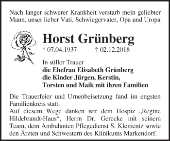 Traueranzeige von Horst Grünberg von Märkische Oderzeitung