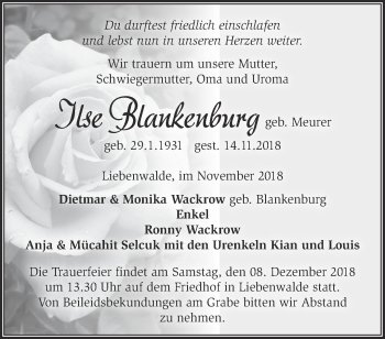 Traueranzeige von Ilse Blankenburg von Märkische Oderzeitung