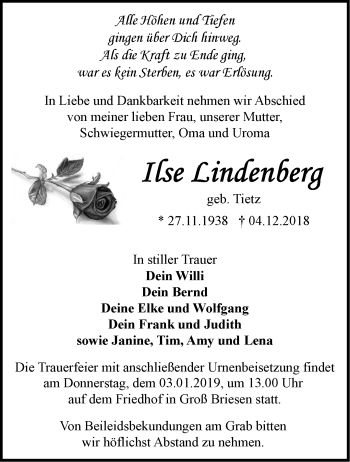 Traueranzeige von Ilse Lindenberg von Märkische Oderzeitung