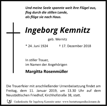 Traueranzeige von Ingeborg Kemnitz von Märkische Oderzeitung