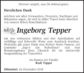 Traueranzeige von Ingeborg Tepper von Märkische Oderzeitung