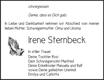 Traueranzeige von Irene Sternbeck von Märkische Oderzeitung