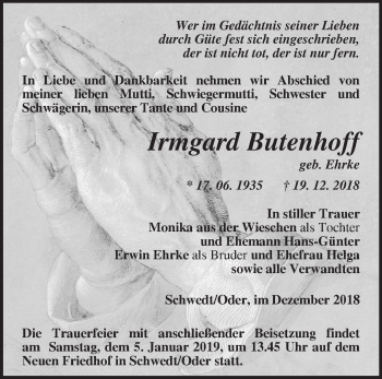 Traueranzeige von Irmgard Butenhoff von Märkische Oderzeitung