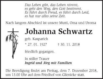 Traueranzeige von Johanna Schwartz von Märkische Oderzeitung