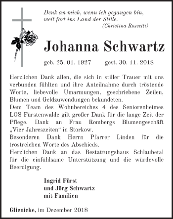 Traueranzeige von Johanna Schwartz von Märkische Oderzeitung