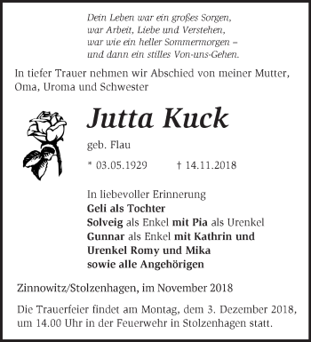 Traueranzeige von Jutta Kuck von Märkische Oderzeitung