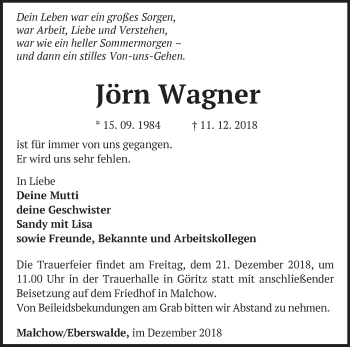 Traueranzeige von Jörn Wagner von Märkische Oderzeitung