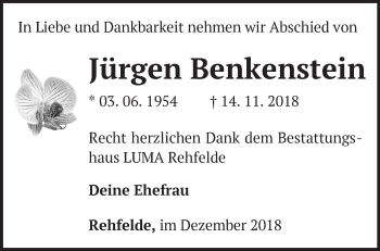 Traueranzeige von Jürgen Benkenstein von Märkische Oderzeitung