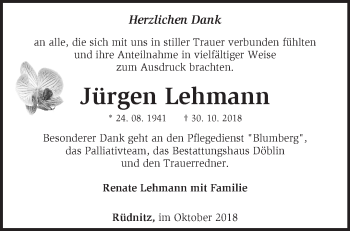 Traueranzeige von Jürgen Lehmann von Märkische Oderzeitung