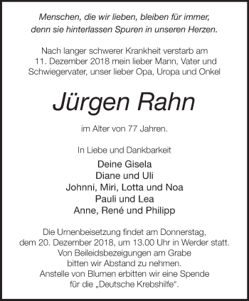 Traueranzeige von Jürgen Rahn von Märkische Oderzeitung