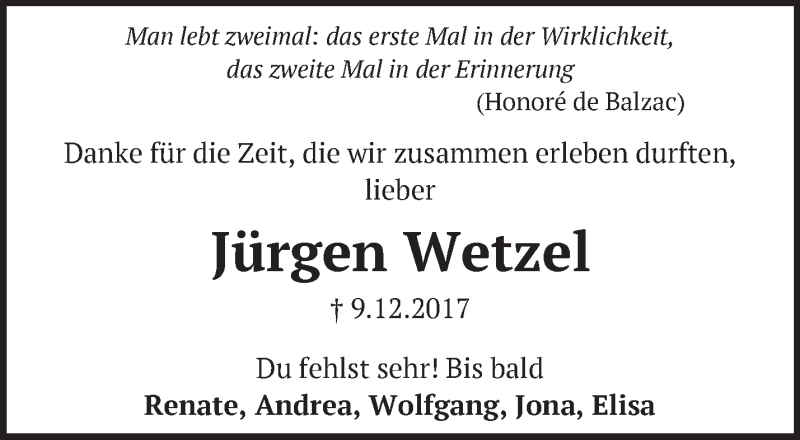  Traueranzeige für Jürgen Wetzel vom 09.12.2018 aus Märkische Oderzeitung