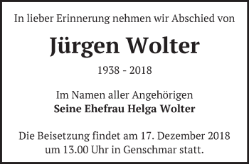 Traueranzeige von Jürgen Wolter von Märkische Oderzeitung