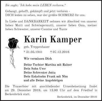 Traueranzeige von Karin Kamper von Märkische Oderzeitung