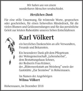 Traueranzeige von Karl Völkert von Märkische Oderzeitung