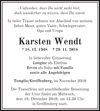 Traueranzeige von Karsten Wendt von Märkische Oderzeitung