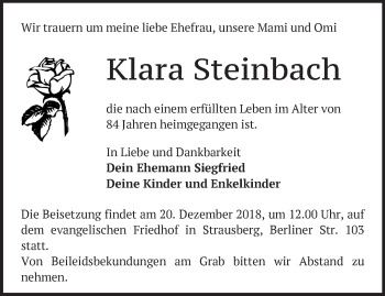 Traueranzeige von Klara Steinbach von Märkische Oderzeitung