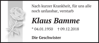 Traueranzeige von Klaus Bamme von Märkische Oderzeitung