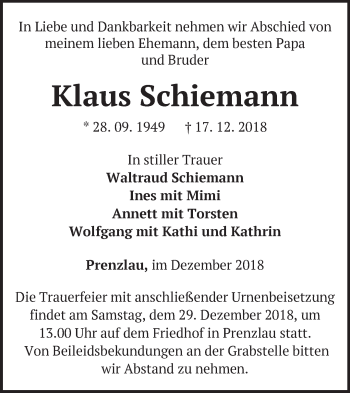 Traueranzeige von Klaus Schiemann von Märkische Oderzeitung